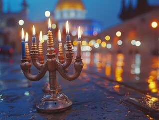 Fototapeta premium Hanukkah celebrations with menorahs and dreidels, cultural and festive, Urban, Soft tones, Photograph, Festival of lights