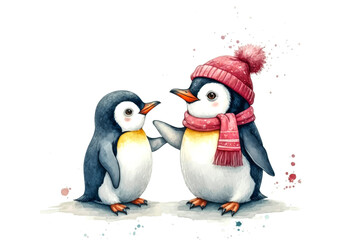 Fototapeta premium Adorable winter penguins: cozy watercolor illustration for seasonal decor and greetings