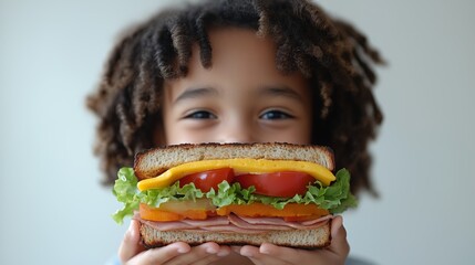 Child enjoying a ham and cheese sandwich with fresh vegetables .National Sandwich Day