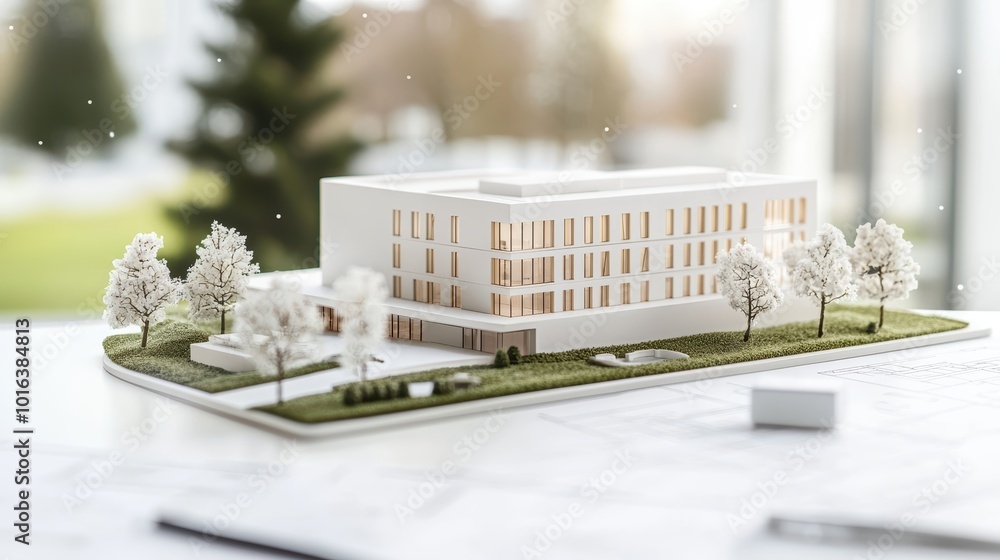 Poster futuristic 3d architectural design: modern building with digital blueprints in immersive planning en