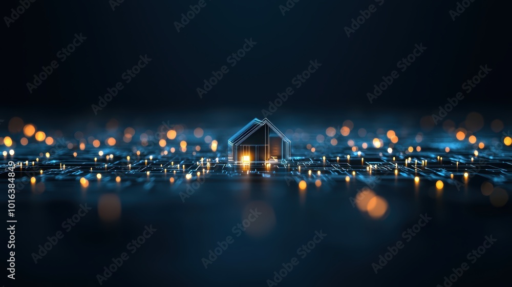 Poster futuristic architecture: 3d model of contemporary home with blueprints in minimalist setting