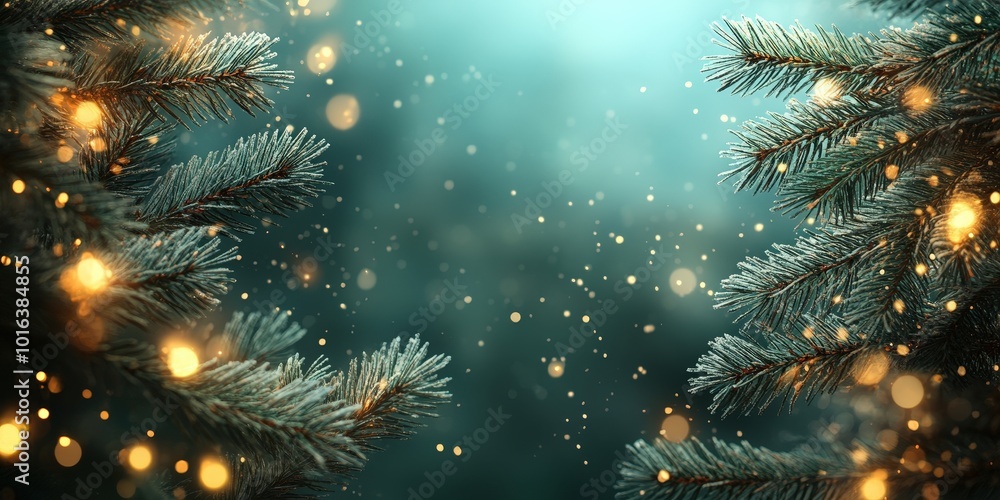 Poster enchanting fir tree branches with soft bokeh lights
