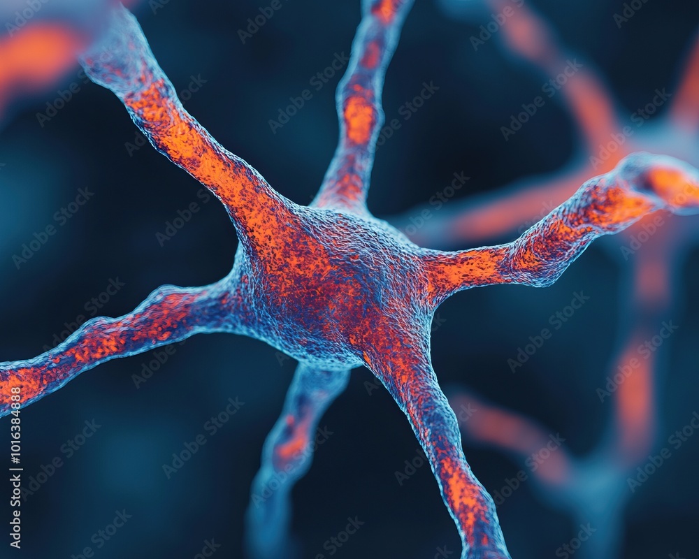 Poster close-up view of a neuron displaying intricate structures and vibrant colors. a scientific illustrat