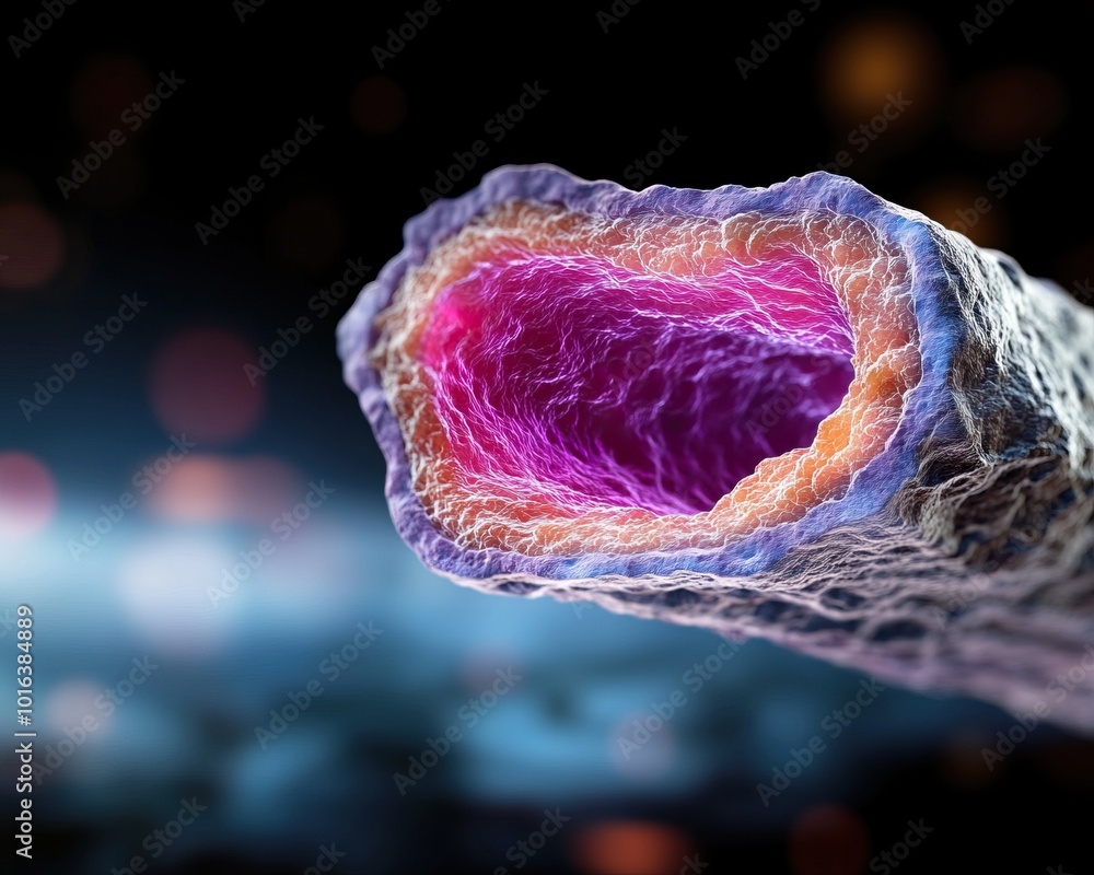 Poster close-up view of a colorful cell structure on a dark background, highlighting intricate details and 