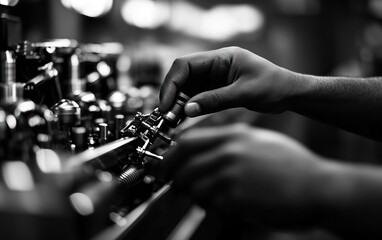 Fototapeta premium Close-up of hands adjusting equipment controls in a professional setting, showcasing expertise and precision.