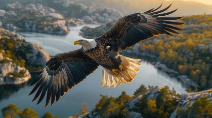Obraz premium Majestic Eagle Soaring Over Serene Landscape