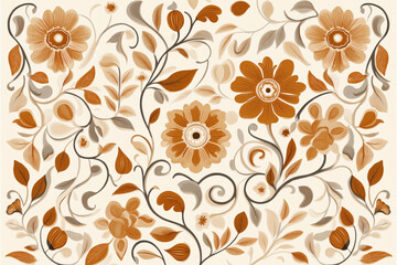 Seamless floral pattern featuring stylized orange and beige flowers with intertwining stems and leaves on a light background, creating an elegant design.