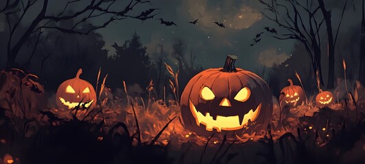 Fototapeta premium Haunting Halloween night scene with glowing jack-o'-lanterns,eerie forest backdrop,full moon,and bats in the dark,spooky,and atmospheric landscape. Conceptual,gothic.