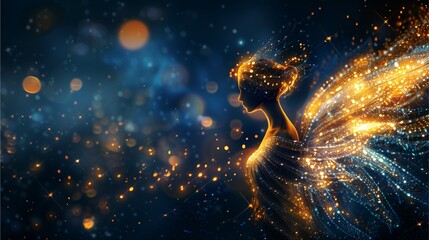 Bright fairy lights in the shape of an angel with wings on the right, glowing in gold and dark blue, with twinkling stars