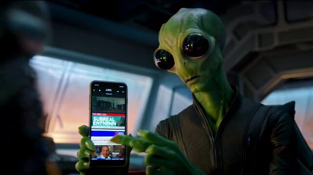 An alien holds a smartphone in his hands and watches the news
