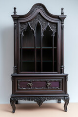 a wide chest of drawers or a console in the living room made of wood in a neo-Gothic style