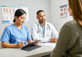 Fototapeta premium Medical consultation with a diverse healthcare team in a modern clinic setting