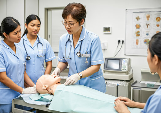 Nurses in training practicing cpr techniques on a medical dummy in a hospital classroom