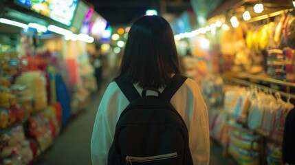 Fototapeta premium Trendiger Streetwear-Stil: Philippinisches Mädchen erkundet lebhaften Nachtmarkt für Mode und Kultur