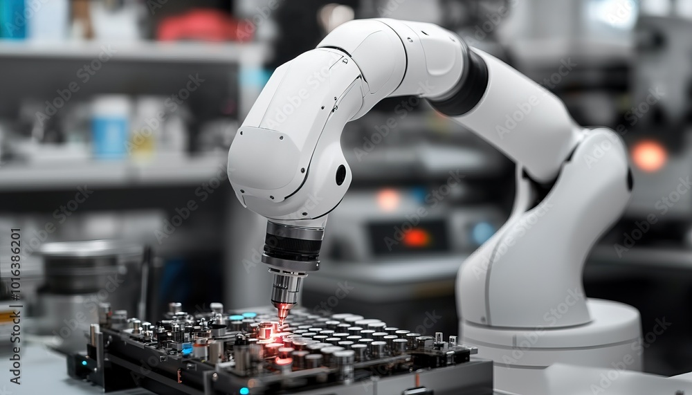 Poster robotic arm performing precision tasks in a modern factory setting with advanced machinery.
