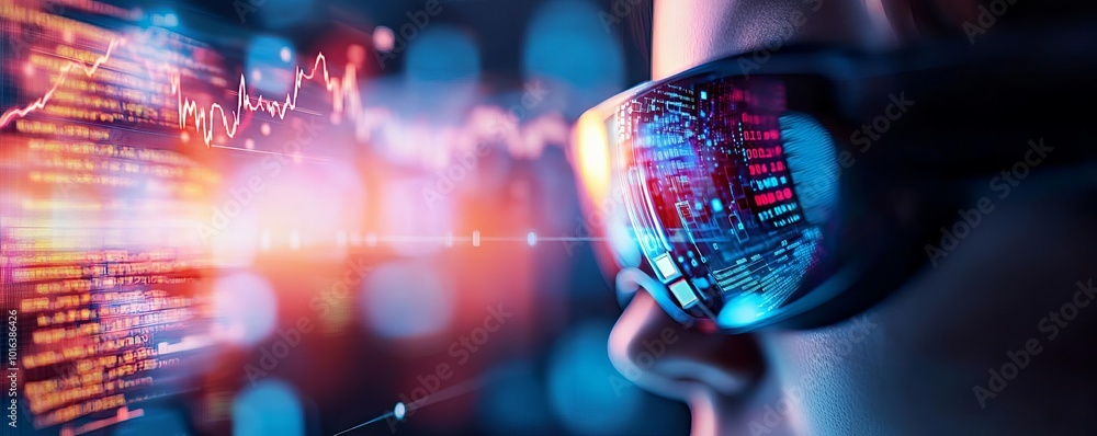 Poster futuristic glasses displaying digital data and graphics.