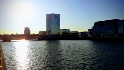 Belfast titanic quarter quay cityscape at sunset, Northern Ireland, UK