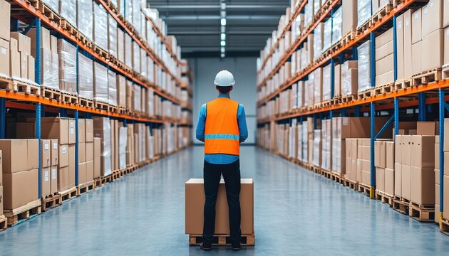 Warehouse worker in safety gear stands by the pallets, surrounded by organized storage shelves filled with cardboard boxes.