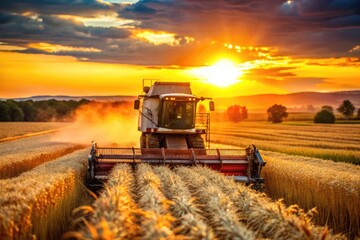 Fototapeta premium Vibrant Agricultural Harvesting: Mower Cutting Golden Wheat in Bokeh Effect