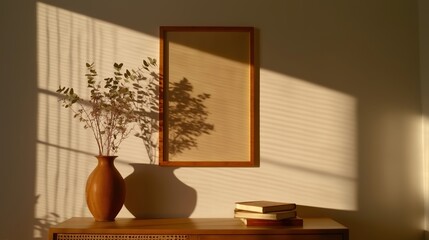 Sonnendurchfluteter Innenraum mit minimalistischem Dekor und Modellrahmen für frühlingshaftes Wohndesign