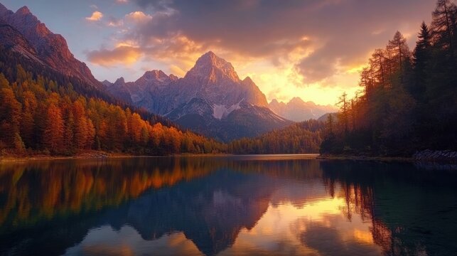 Fabulous view of sunset over Fusine lake with Mangart peak on background. Popular travel destination of Julian Alps. Location: Tarvisio comune 