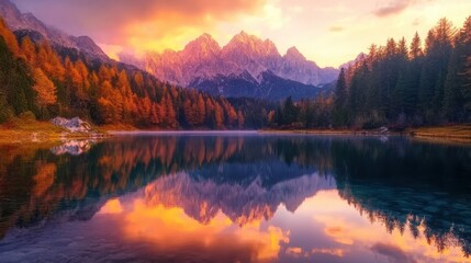 Obraz premium Fabulous view of sunset over Fusine lake with Mangart peak on background. Popular travel destination of Julian Alps. Location: Tarvisio comune 