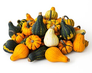 A pile of multicolored decorative gourds and small pumpkins arranged neatly on a white background, symbolizing Thanksgiving.
