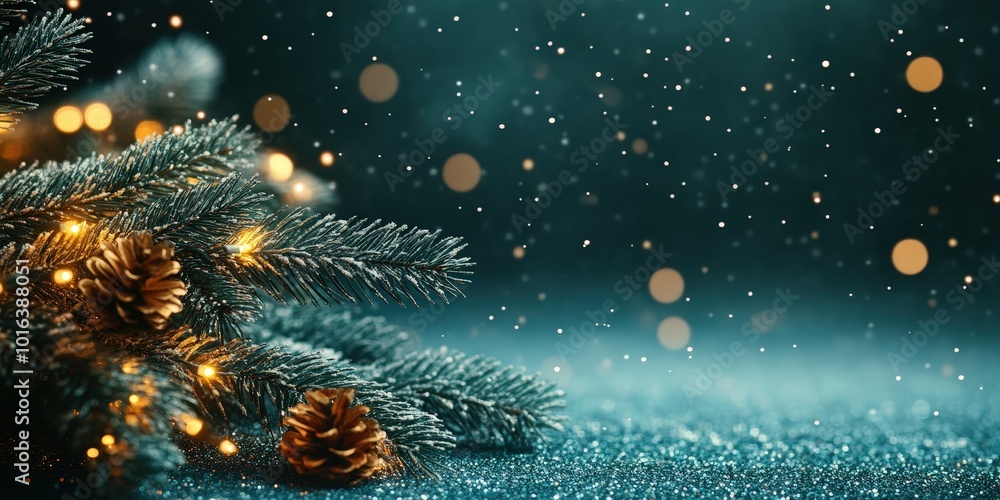 Poster festive fir tree with glowing lights and bokeh effect