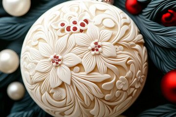 Beautiful Christmas ornaments with intricate gold and white designs on black background. Concept of holiday decoration