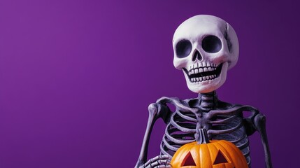 Halloween Skeleton with Jack o Lantern on Purple Background