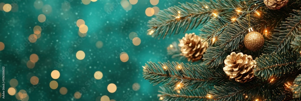 Poster festive fir tree with lights and bokeh background