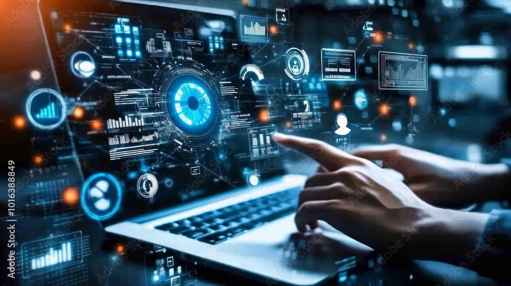 Poster person's hands using a laptop with data and graphs projected in the air.