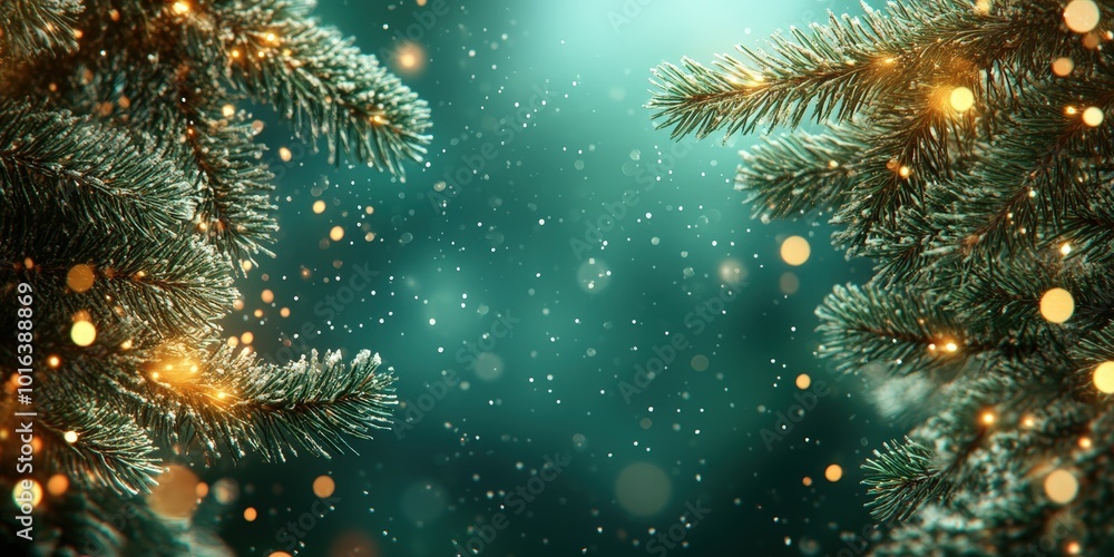 Poster glowing fir tree branches with bokeh lights