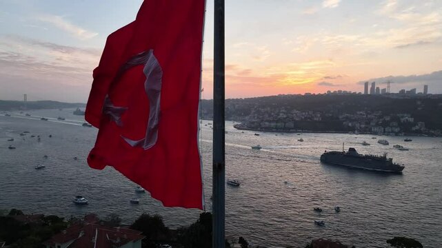 Turkish Flag ind October 29 Republic Day Celebrations (29 Ekim Cumhuriyet Bayramı Kutlamaları) Drone Video, July 15 Martyrs Bridge &Ccedil;engelk&ouml;y, &Uuml;sk&uuml;dar Istanbul, Turkey (Turkey)