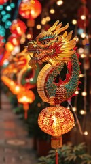 Fototapeta premium Lunar New Year decorations with dragons and lanterns, vibrant and traditional, Urban, Bright hues, Photograph, New Year celebration