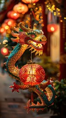 Fototapeta premium Lunar New Year decorations with dragons and lanterns, vibrant and traditional, Urban, Bright hues, Photograph, New Year celebration
