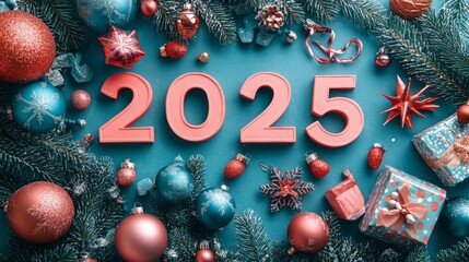 Festive arrangement of shopping items showcasing 2025 with ornaments and gifts on a blue surface