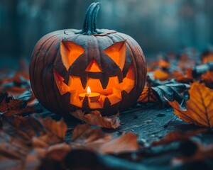 A bright pumpkin with a carved face sits on a wooden table, surrounded by yellow autumn leaves. Inside the pumpkin, a candle burns, casting a warm light against dark, cool tones. This scene perfectly 