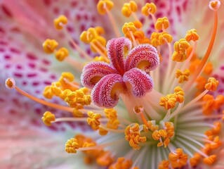 Fototapeta premium Macro photography of flower stamens and pistils, detailed and vibrant, Nature, Bright hues, Photograph, Floral intricacy