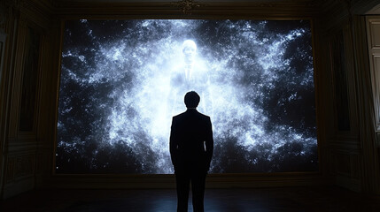 Fototapeta premium A person gazes contemplatively at a glowing, cosmic phenomenon on a wall, suggesting a deep exploration of the universe's mysteries