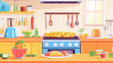 Cartoon-style Indian kitchen with samosas being filled, colorful ingredients on the counter, blank copy space