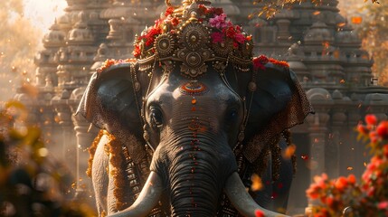 Majestic Hindu temple elephant adorned in ornate caparison,playing a ceremonial role in the lush tropical backdrop of vibrant colors and intricate architectural details.