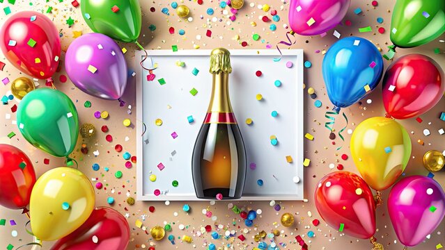 Vibrant, colorful confetti and balloons surround a customizable New Year's greeting card template with a bold, modern font and festive champagne bottle illustration.