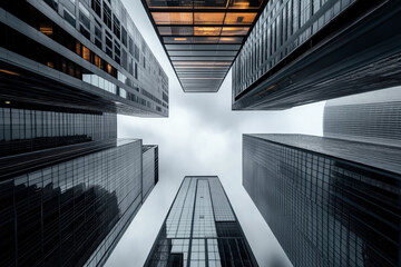 Fototapeta premium Low-angle view of modern skyscrapers with reflective glass facades, creating a symmetrical perspective against a cloudy sky.