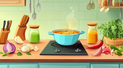 Cartoon-style kitchen scene with Indian ingredients for curry spread out, a pot simmering on the stove, copy space
