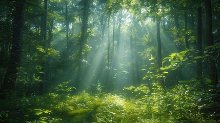 Fototapeta premium Sunbeams Shining Through Lush Green Forest
