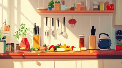 Cartoon-style kitchen with paneer tikka marinating, vegetables, and spices on a countertop, ample copy space