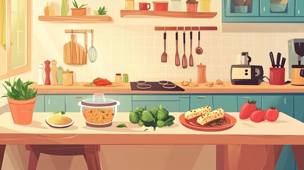 Cartoon-style kitchen with paneer tikka marinating, vegetables, and spices on a countertop, ample copy space