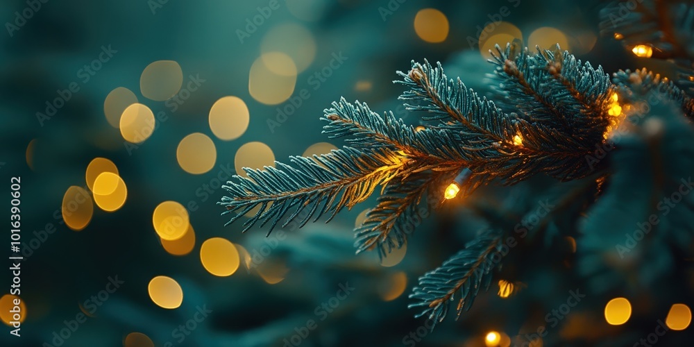 Poster festive tree branch with glowing lights and bokeh