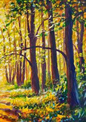Sun shining through trees in colorful autumn forest painting